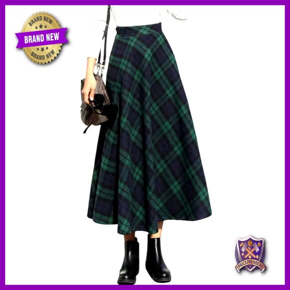 Dresses & Skirts - Wool Plaid A-Line Maxi Skirt with Elastic Waist and Pocket